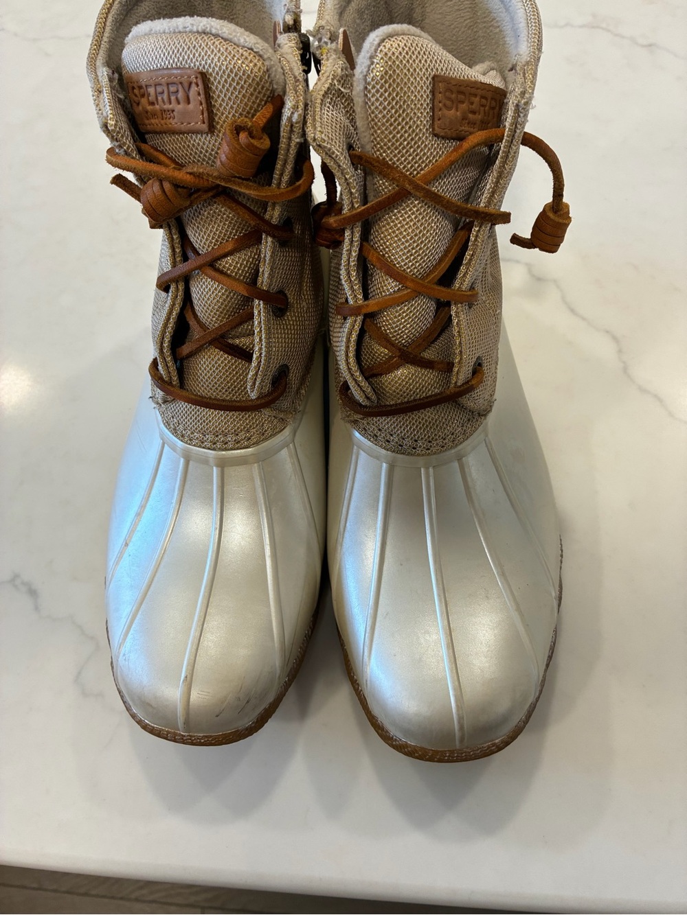 Sperry Women's pearl and gold metallic Waterproof Duck Boots